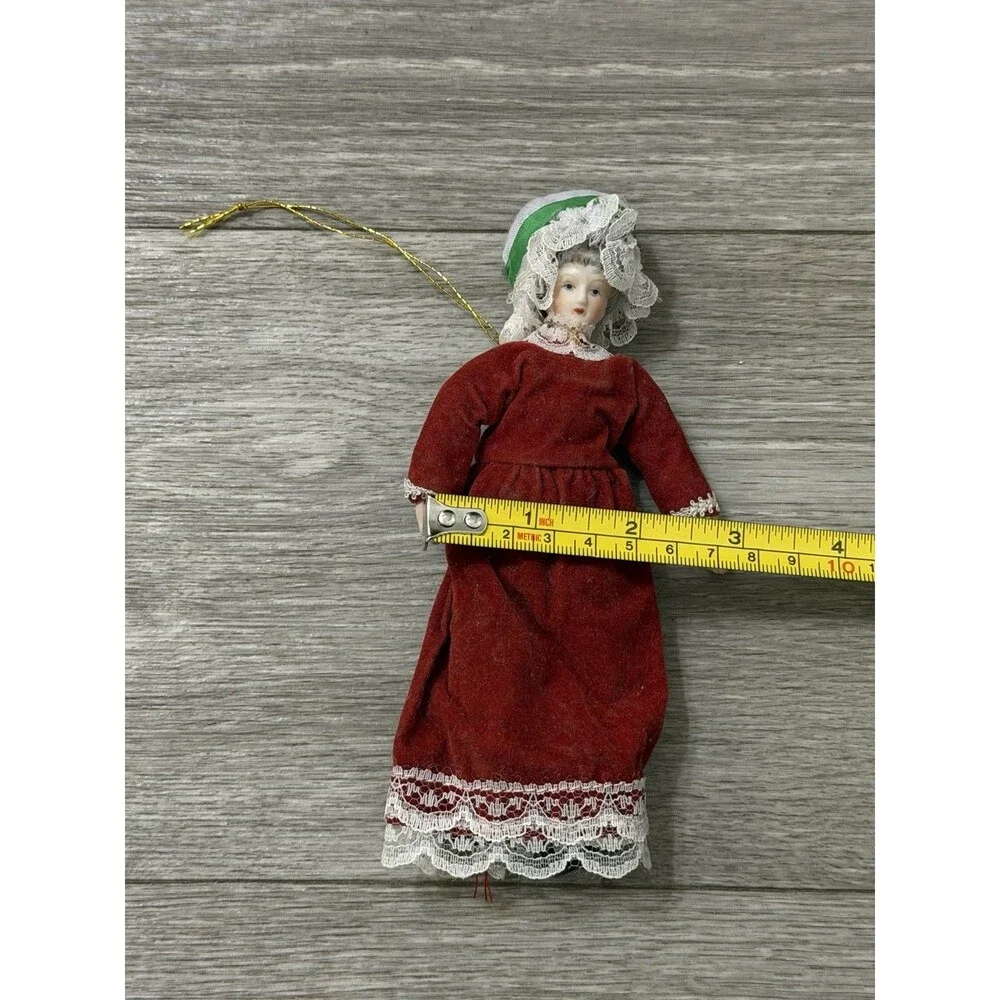 VTG Victorian Style Porcelain Woman Doll Red Velvet Dress/Holly Bonnet Ornament